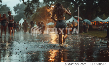 summer music festival-goer dancing in the rain at a summer music festival 114680563