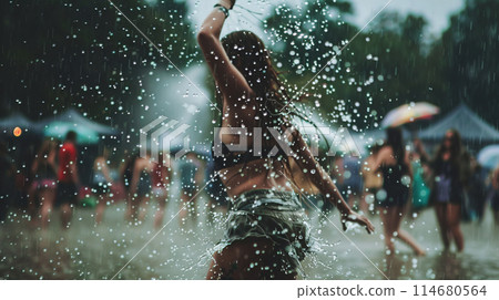 summer music festival-goer dancing in the rain at a summer music festival summer music festival-goer dancing in the rain at a summer music festival 114680564