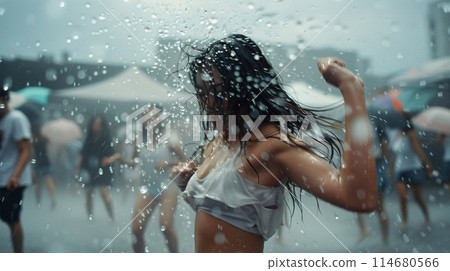 summer music festival-goer dancing in the rain at a summer music festival summer music festival-goer dancing in the rain at a summer music festival 114680566