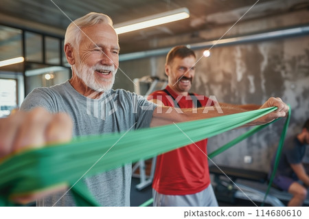 Old man doing physical exercise stretching for a better quality of life 114680610