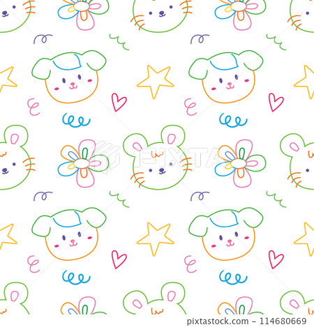 Cute face animal hand drawn doodle seamless pattern background for wallpaper and wrapping. Rabbit, bear, rat, dog and cat 114680669