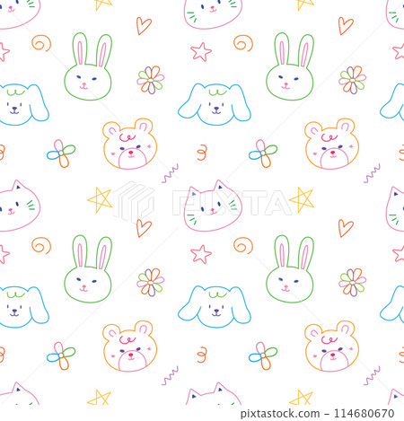 Cute face animal hand drawn doodle seamless pattern background for wallpaper and wrapping. Rabbit, bear, rat, dog and cat 114680670