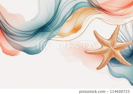 Artistic background with seashells, golden waves, starfish and coral wallpaper for banner design, poster in orange and blue colors. Artistic background with seashells, golden waves, starfish and coral wallpaper for banner design, poster in orange and blue colors. 114680725