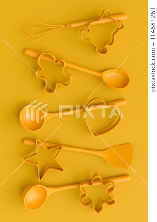 Set of metal cookie cutters for homemade Christmas biscuit on monochrome 114681261