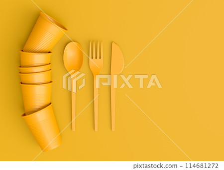 Set of disposable utensils like plate, folk, spoon,knife, cup and pepper mill Set of disposable utensils like plate, folk, spoon,knife, cup and pepper mill 114681272