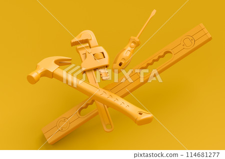 Flying view of monochrome construction tools for repair on multicolor background Flying view of monochrome construction tools for repair on multicolor background 114681277