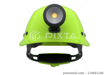 Green safety helmet or hard cap with flashlight isolated on wihte background Green safety helmet or hard cap with flashlight isolated on wihte background 114681286