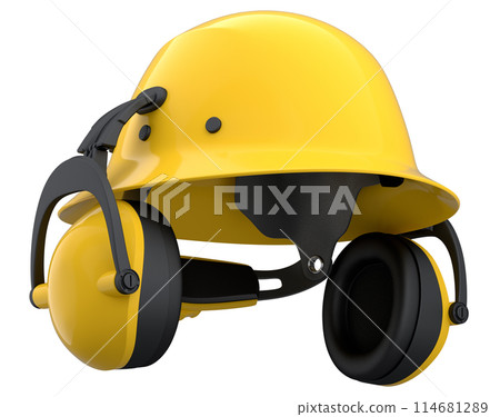 Yellow safety helmet or hard cap and earphones muffs on wihte background Yellow safety helmet or hard cap and earphones muffs on wihte background 114681289