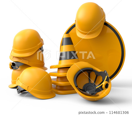 Set of safety helmets or hard hats and traffic cones, road sign on white Set of safety helmets or hard hats and traffic cones, road sign on white 114681306