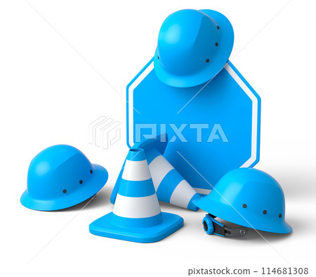 Set of safety helmets or hard hats and traffic cones, road sign on white 114681308