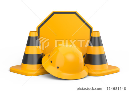 Set of safety helmets or hard hats and traffic cones, road sign on white 114681348