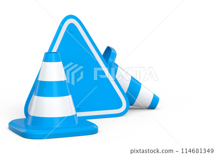 Set of traffic road cones and sign for under construction road work on white 114681349