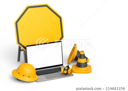 Set of safety helmet or hard hat, road traffic cones and sign near laptop Set of safety helmet or hard hat, road traffic cones and sign near laptop 114681356