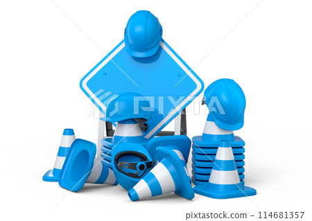 Set of safety helmets or hard hats and traffic cones, road sign on white 114681357