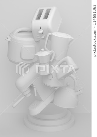 Abstract scene or podium with kitchen appliances and utensils on monochrome. 114681362