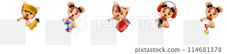 Funny dog holding empty banner and sport stuff Funny dog holding empty banner and sport stuff 114681378