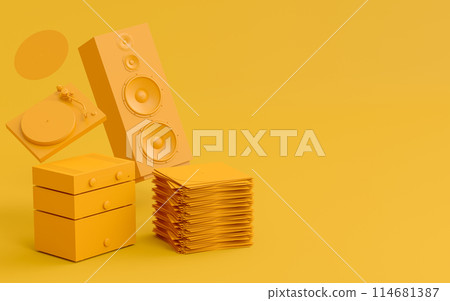 Set of Hi-fi speakers and DJ turntable for sound recording studio on monochrome 114681387