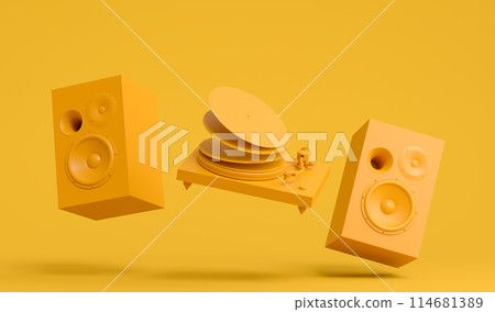 Set of Hi-fi speakers and DJ turntable for sound recording studio on monochrome 114681389