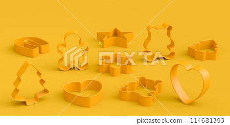 Set of metal cookie cutters for homemade Christmas biscuit on monochrome 114681393