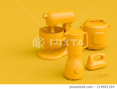 Electric kitchen appliances and utensils for making culinary on monochrome 114681394