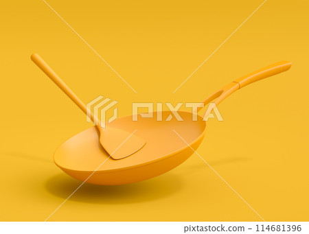 Wooden kitchen utensils, tools and equipment on yellow monochrome background. Wooden kitchen utensils, tools and equipment on yellow monochrome background. 114681396