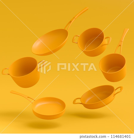 Set of flying stewpot, frying pan and plated cookware on monochrome background 114681401