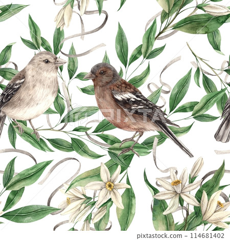 Seamless pattern of branches with green leaves and sitting birds on a white background. Isolated watercolor drawing in realistic style. Pattern for interior, cards, wedding design, textiles Seamless pattern of branches with green leaves and sitting birds on a white background. Isolated watercolor drawing in realistic style. Pattern for interior, cards, wedding design, textiles 114681402