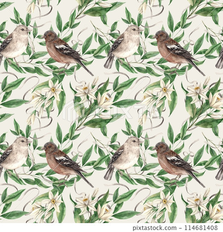 Seamless pattern of branches with green leaves and sitting birds on a gray background. Isolated watercolor drawing in realistic style. Pattern for interior, cards, wedding design, textiles. 114681408