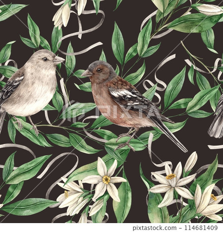 Seamless pattern of branches with green leaves and sitting birds on a brown background. Isolated watercolor drawing in realistic style. Pattern for interior, cards, wedding design, textiles Seamless pattern of branches with green leaves and sitting birds on a brown background. Isolated watercolor drawing in realistic style. Pattern for interior, cards, wedding design, textiles 114681409
