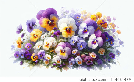 Watercolor style pansy flowerbed 114681479