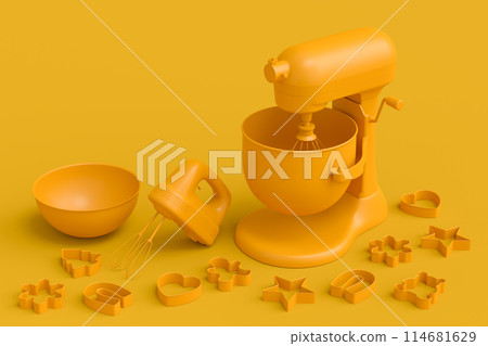 Mixer and cookie cutters with kitchen utensil for making cookies on monochrome 114681629