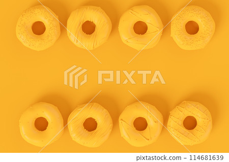 Isometric view of glazed donut with sprinkles on plain monochrome yellow color 114681639