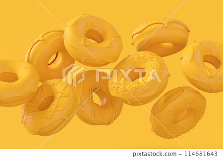 Chocolate glazed donut with sprinkles on plain monochrome yellow color 114681643