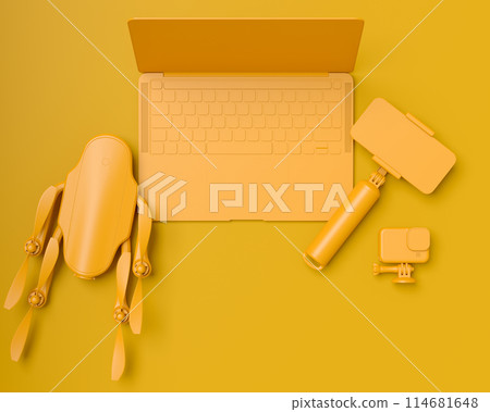 Top view of designer workspace and photography gear on monochrome table 114681648