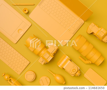 Top view of designer workspace and photography gear on monochrome table Top view of designer workspace and photography gear on monochrome table 114681650