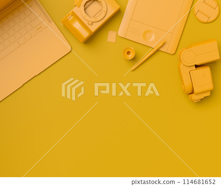 Top view of designer workspace and photography gear on monochrome table 114681652