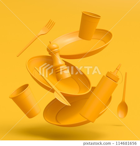 Set of disposable utensils like plate, folk, spoon,knife, cup and pepper mill 114681656