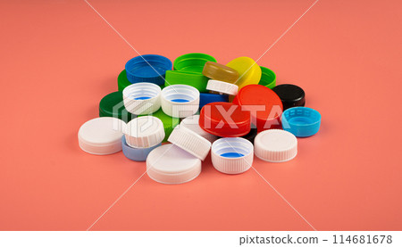 Plastic Bottle Caps Pile. Recycling HDPE Material Group, Circle Polyethylene Lid Set, Colorful Caps Group 114681678