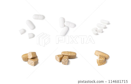 Broken Pills Isolated, Crushed Aspirin, Split Tablet, Broken Pill Capsules, Crumbling White Drugs Broken Pills Isolated, Crushed Aspirin, Split Tablet, Broken Pill Capsules, Crumbling White Drugs 114681715