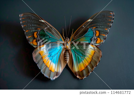 Beautiful Blue Morpho butterfly rests among the foliage of a garden 114681772