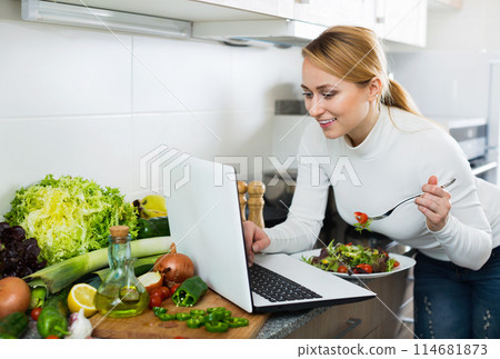 Pretty freelancer having lunch and working Pretty freelancer having lunch and working 114681873
