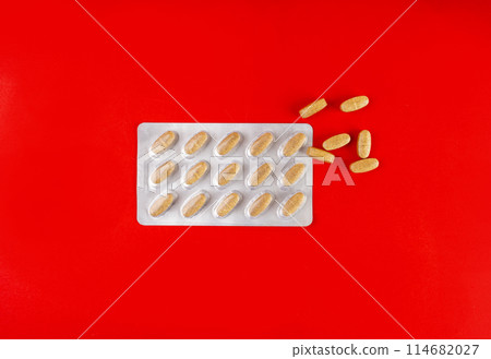 Pill Blister on Color Background, Silver Medicine Capsule Package, Drugs Packaging, Pill Pack Pill Blister on Color Background, Silver Medicine Capsule Package, Drugs Packaging, Pill Pack 114682027