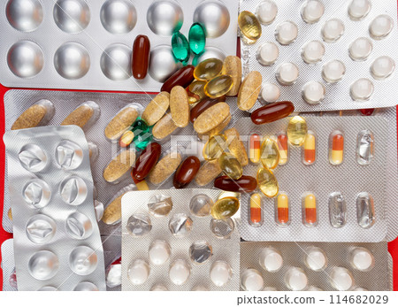 Pill Blister on Color Background, Silver Medicine Capsule Package, Drugs Packaging, Pill Pack Pill Blister on Color Background, Silver Medicine Capsule Package, Drugs Packaging, Pill Pack 114682029
