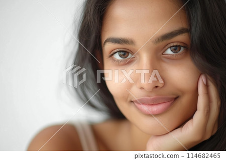 Soft, intimate portrait of a young Indian woman with a serene and inviting smile 114682465