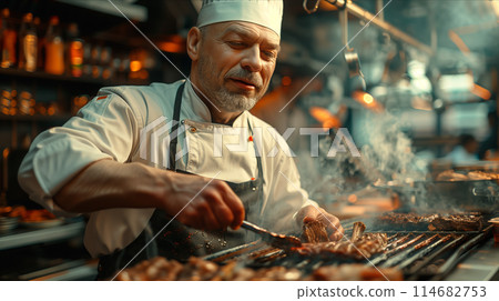 Selective focus of Caucasian male chef grilling steak on the grill at the bar in the restaurant. 114682753