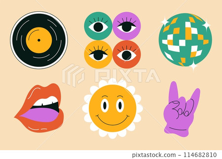 Abstract shapes. Groovy party. Retro music record disc. Eyes and woman mouth lips. Disco club ball. Hand rave gesture. Daisy flower. Happy smile face. Discotheque sticker. Vector funky elements set 114682810