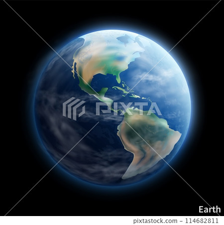 Earth planet. Outer space. Cosmic sphere. Ocean and continents. Satellite view. Atmosphere clouds. Environment conservation. Astronomy education. Save nature. Global cartography. Vector galaxy poster 114682811