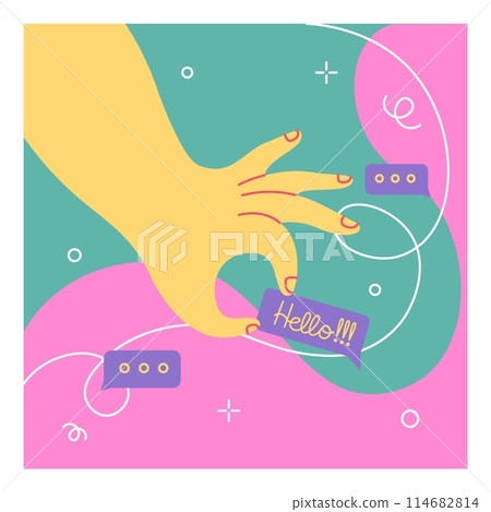 Doodle hand. Hello message. Cute arm holding dialog speech bubble. Online messenger. Cartoon mobile chat technology. Hi icon in giant fingers. Social media communication. Abstract color vector card 114682814