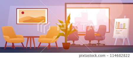 Office boardroom interior. Empty room training. Cartoon conference whiteboard. Computer desk with armchairs. Project presentation. Modern business work space. Corporate building. Vector background 114682822