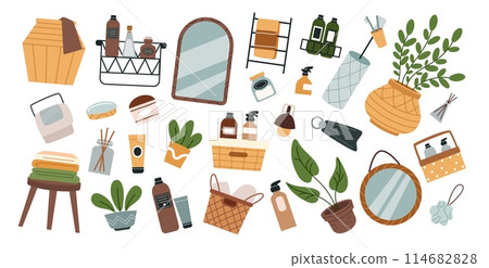 Bathroom elements. Modern home. Interior furniture. Bath towel and wash sponge. Soap bottle. Laundry basket. Bathtub and sink. Hair cosmetic. Toilet mirror. Flat closet. Vector tidy toiletries set 114682828